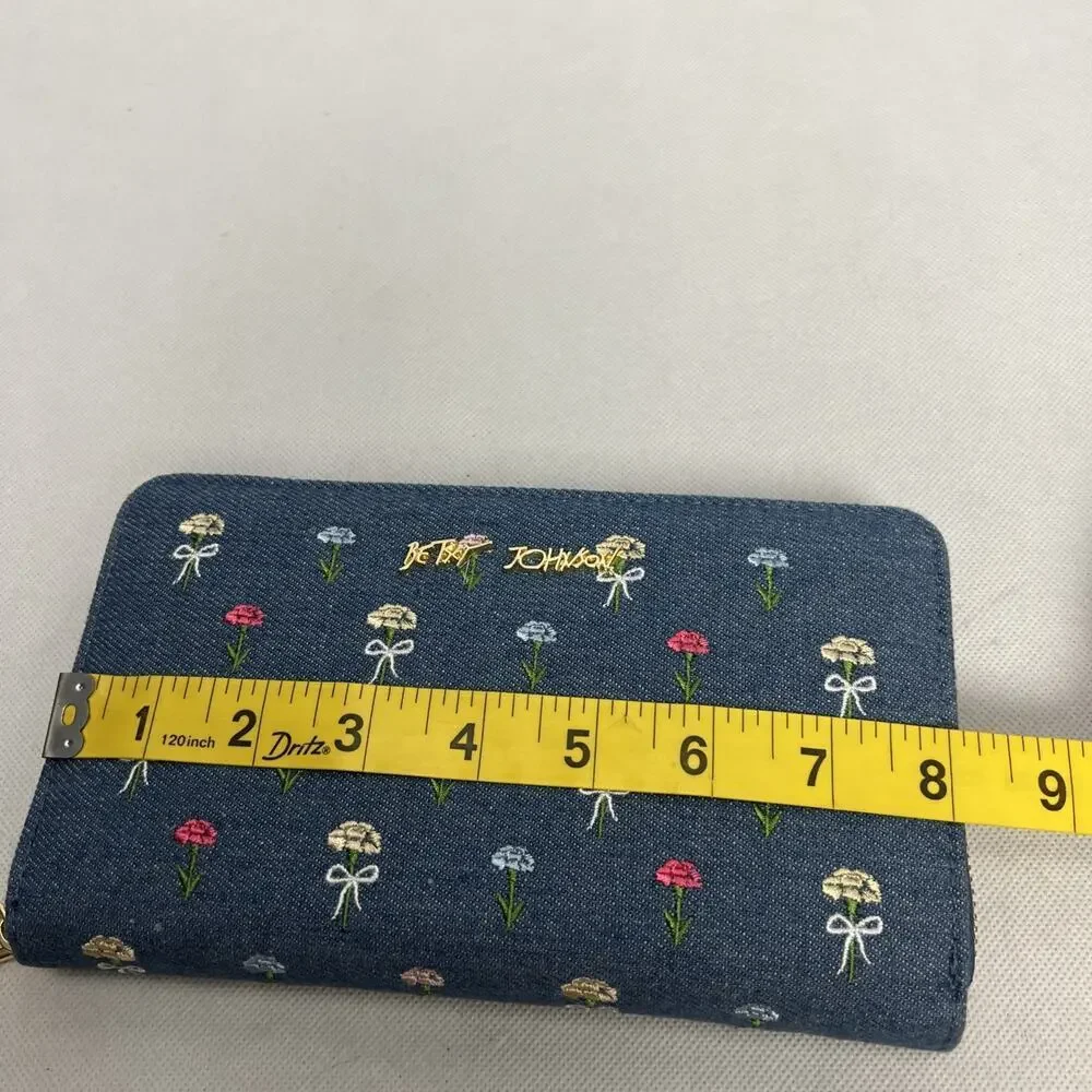 NWT Betsey Johnson Zip Around Wallet Wristlet Blue Denim W Embroidered Flowers
